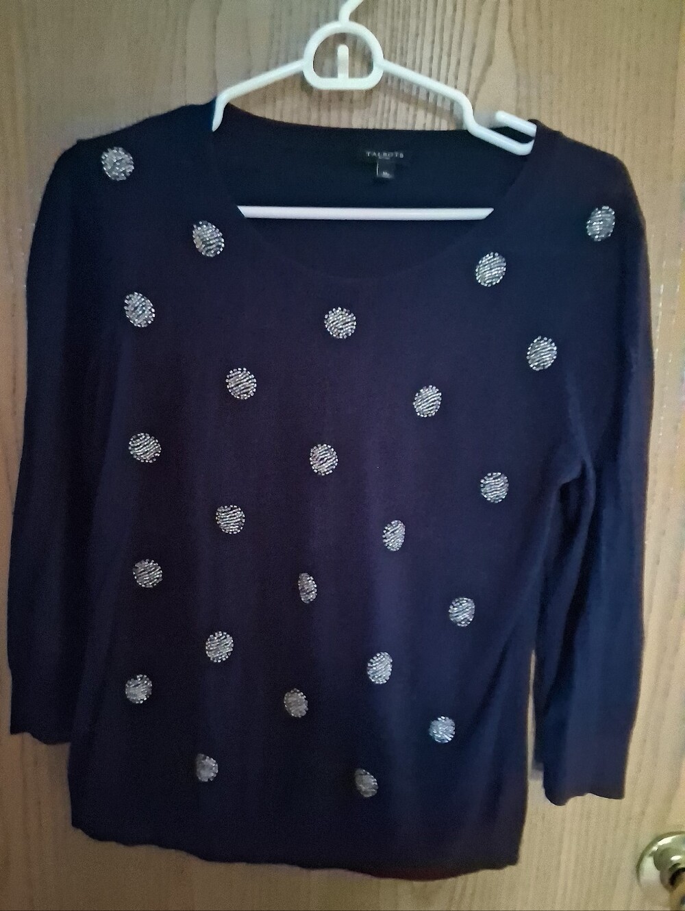Talbots Navy Sweater with Silver Sequin Dots